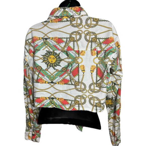 MissGuided womans sz 6 cotton Cropped White Denim Jean Tie Jacket Sun Chain - Picture 5 of 12